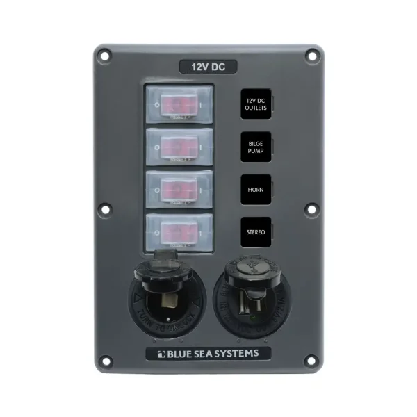 BSE-4321 Panel De Switch Con Breaker + Enchufe De 12 V y Cargador USB Doble - 4 Circuitos - Blue Sea System