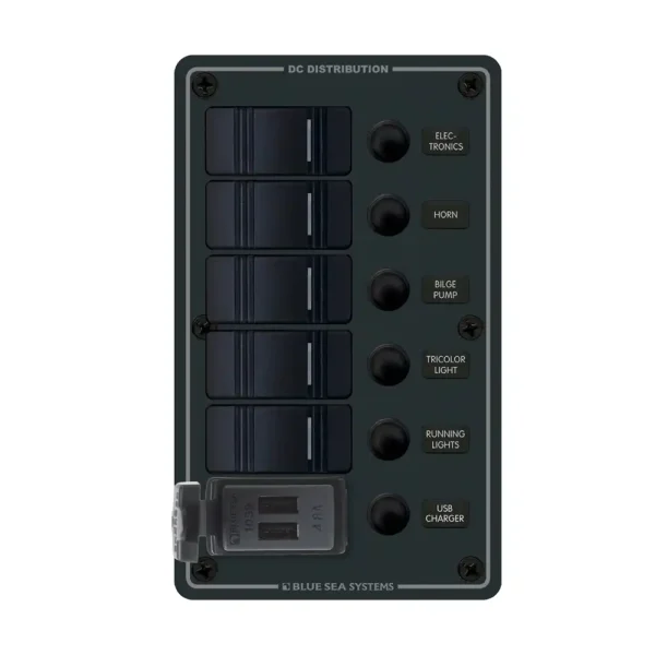 8521 Panel De Interruptores Automáticos Contura - 5 Posiciones – Con Cargador USB - Blue Sea Systems