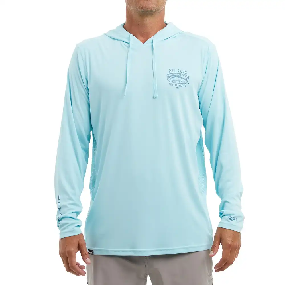 1015242005-TAB PLAYERA CON CAPUCHA VAPORTEK MAP FISH DE MANGA LARGA – COLOR AZUL TAHITÍ – PELAGIC - Imagen 2