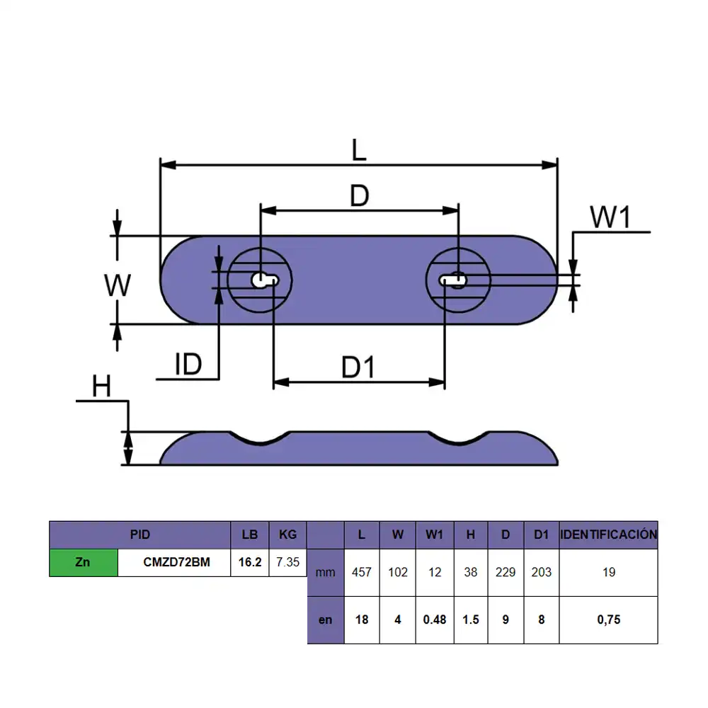 CMZD72BM ÁNODO TIPO BARRA DE ZINC PARA CASCO – 457 X 102 X 12 MM – MARTYR - Imagen 2