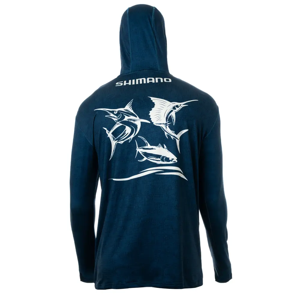 128084 Playera Con Gorro – Estampado de Peces Trasero - Color Camo Azul Marino – Varias Tallas – Shimano