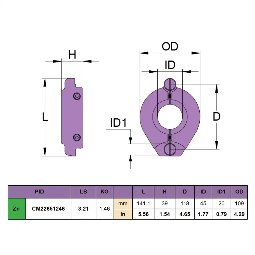 CM22651246Z ÁNODO DE ZINC TIPO ANILLO PARA VOLVO PENTA 130-150 SAILDRIVE – 141.1 X 39 X 118 X 14 X 20 X 109 MM – MARTYR - Imagen 2