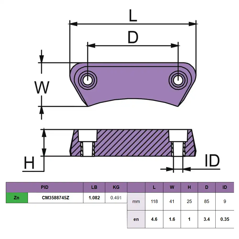 CM3588745Z ÁNODO DE ZINC TIPO BARRA PARA VOLVO PENTA – 118 X 41 X 25 X 85 X 9 MM – MARTYR - Imagen 2
