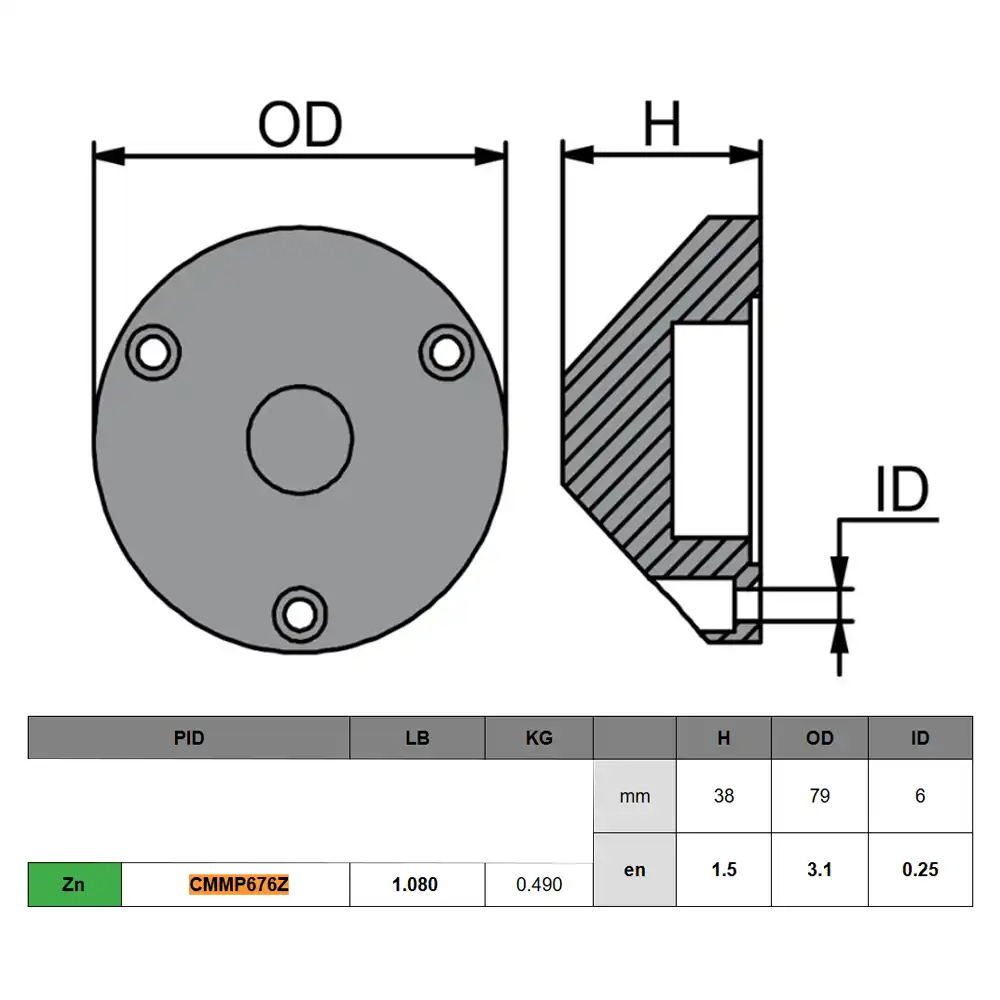 CMMP676Z ÁNODO DE ZINC PARA HÉLICE MAX POWER – 38 X 79 X 6 MM – MARTYR - Imagen 3